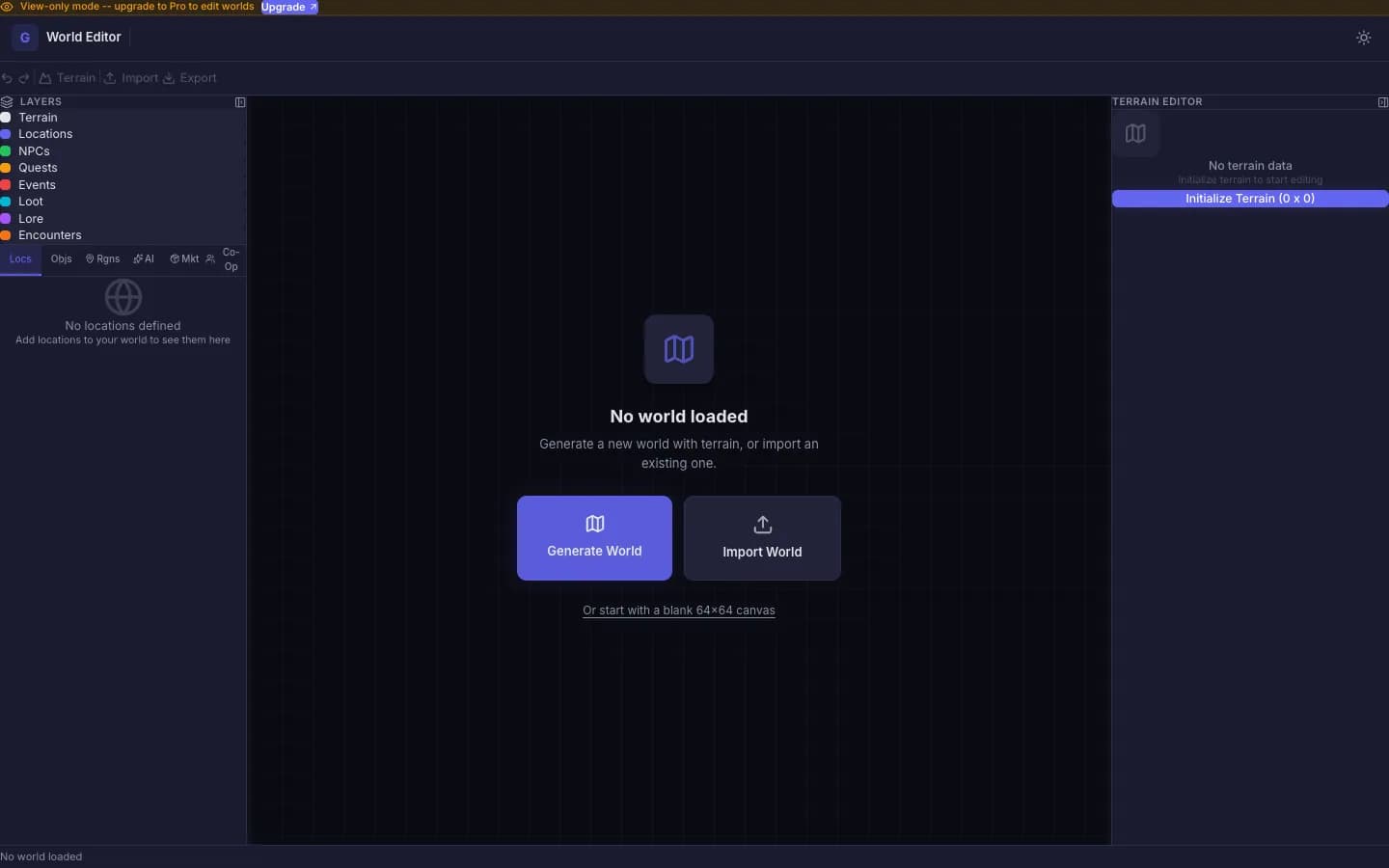 World Editor with the layer list, the generate-or-import prompt and the terrain editor panel