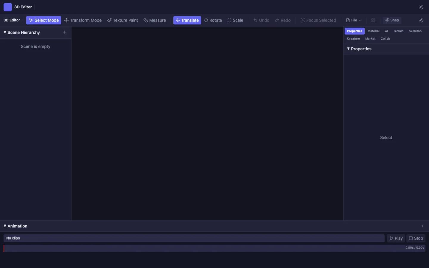 3D Editor with the transform toolbar, scene hierarchy, properties tabs and animation panel