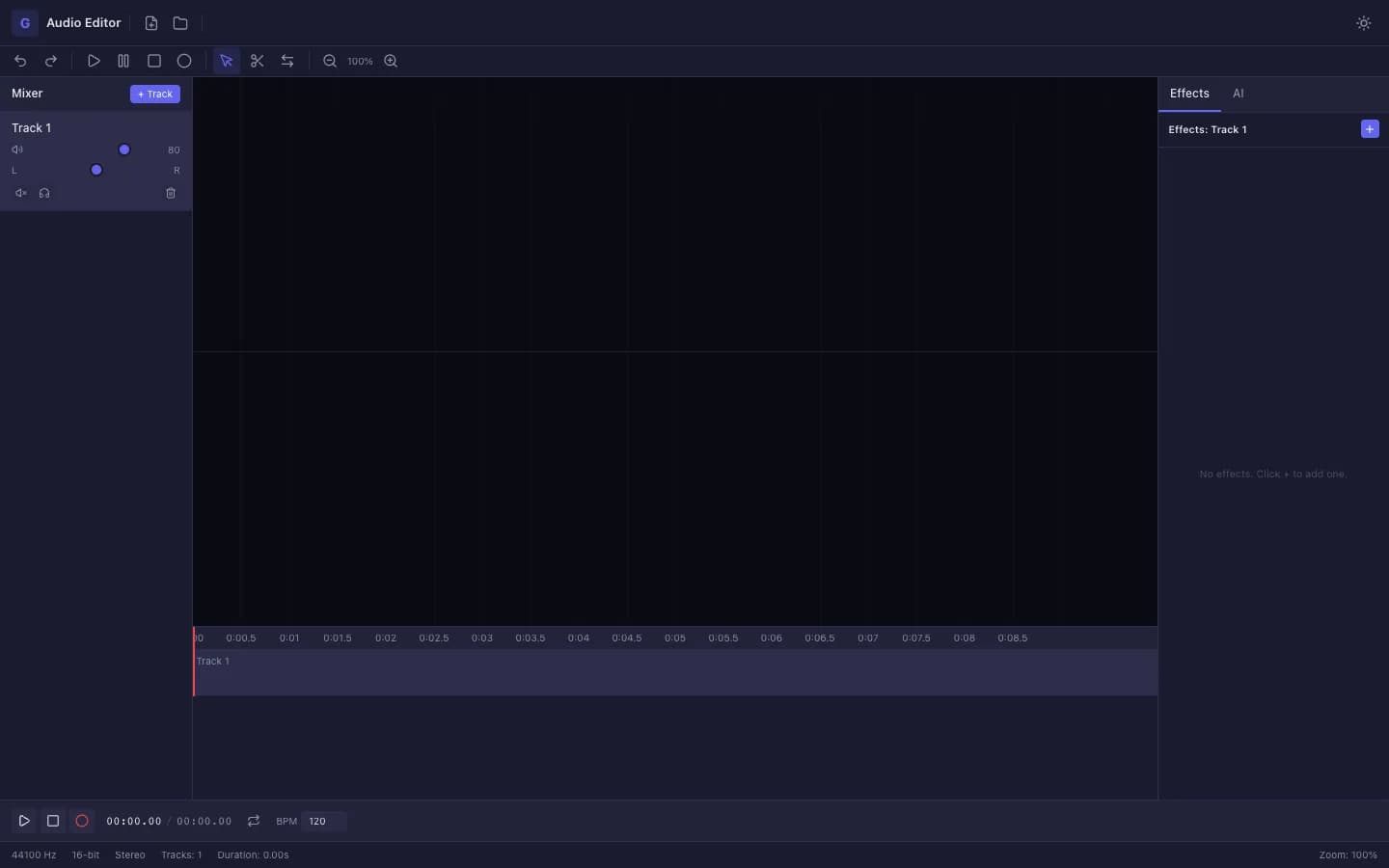 Audio Editor with an empty multi-track timeline and the effects panel