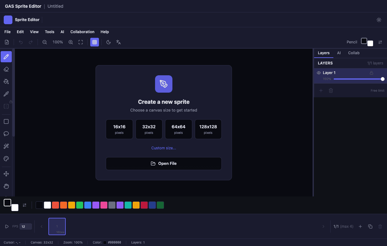 Sprite Editor showing the layers panel, AI tools and the animation timeline