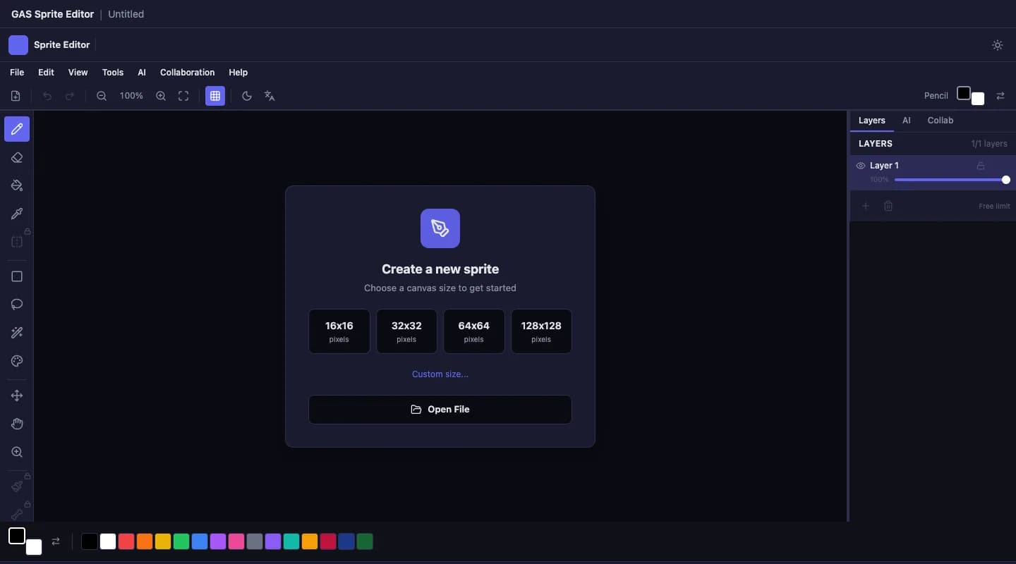 Sprite Editor new-sprite dialog with the tool rail, layers panel and colour palette