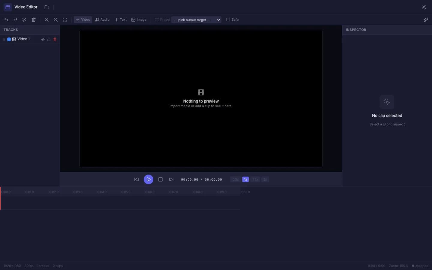 Video Editor with the preview canvas, transport controls and a video track on the timeline